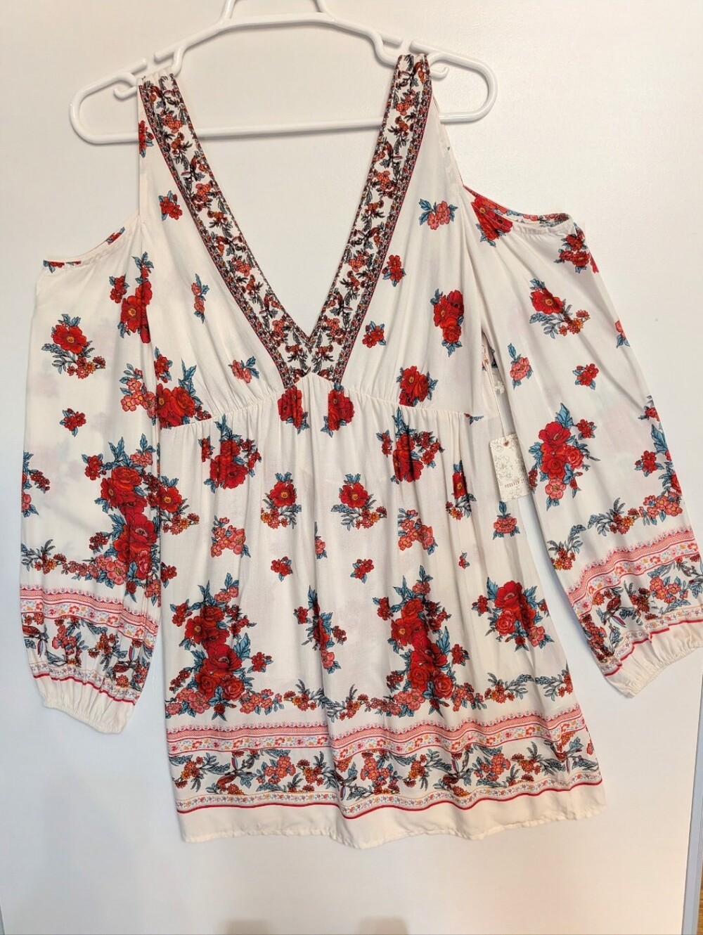 FOREVER 21 Women’s White Cold-Shoulder Floral V-Neck Top/MINI DRESS MEDIUM! NEW